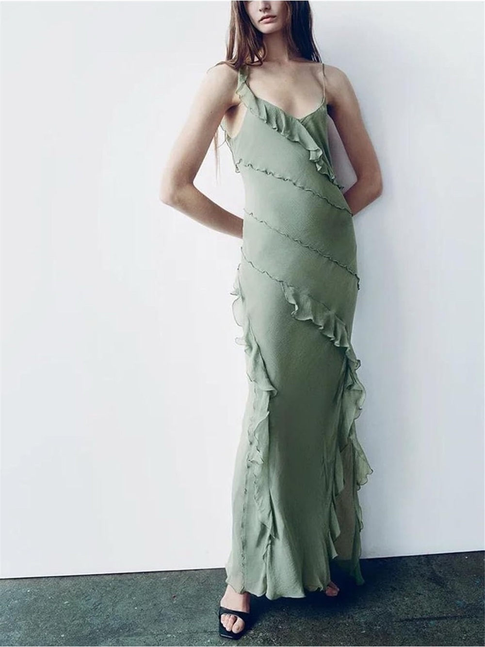 Zara Layered Chiffon Ruffle Maxi Dress Seafoam Green
